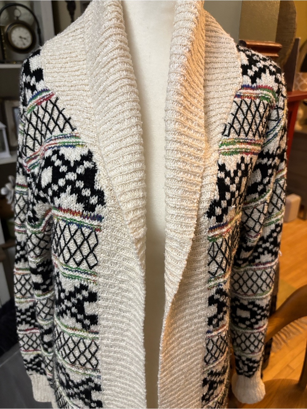 Compliments Cream Patterned Open-Front Women’s Sweater Coatigan, Size S